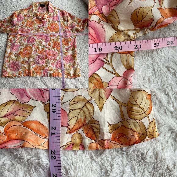 Vintage 70s pink roses print floral 1/2 sleeve blouse button-down top‎ rose L - Picture 5 of 17